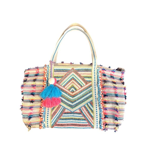 America & Beyond Handbags - America & Beyond Boho Weekender Tote Bag Pouch Set Pom Tassel Stripe Beaded